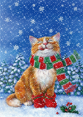Анимация Кот в шарфе под падающим снегом, гифка Кот в шарфе под падающим снегом