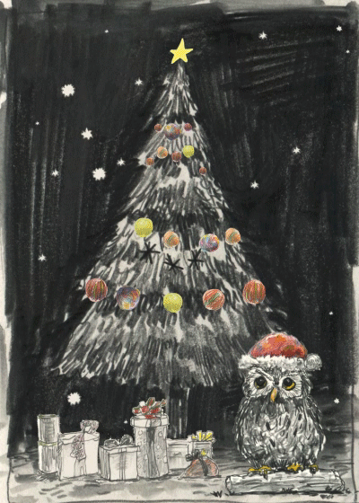 Анимация Подарки под елкой и сова в шапке Санты, гифка Подарки под елкой и сова в шапке Санты