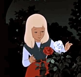 Гиф анимация Герда никак не могла вспомнить – кто она такая, и куда держит  путь, трогает руками розы на фоне ночного леса, мультфильм Снежная королева,  страница