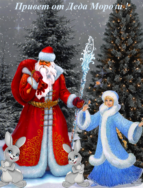 Анимация Дед Мороз с мешком подарков и Снегурочка стоят на фоне зимнего леса, елки с огнями, у ног Деда Мороза два зайца, (Привет от Деда Мороза!), гифка