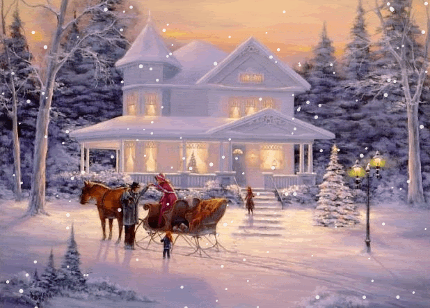 Анимация Сани в упряжке с лошадью и люди стоят перед домом под падающим снегом, гифка Сани в упряжке с лошадью и люди стоят перед домом под падающим снегом