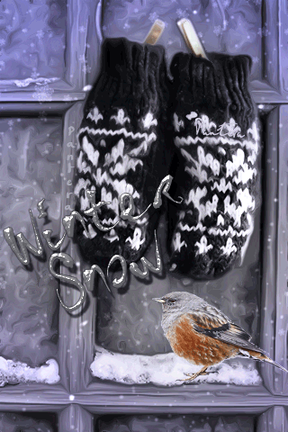 Анимация Птичка сидит на окне, где висят варежки, (winter, snow / зима, снег), гифка Птичка сидит на окне, где висят варежки, (winter, snow / зима, снег)