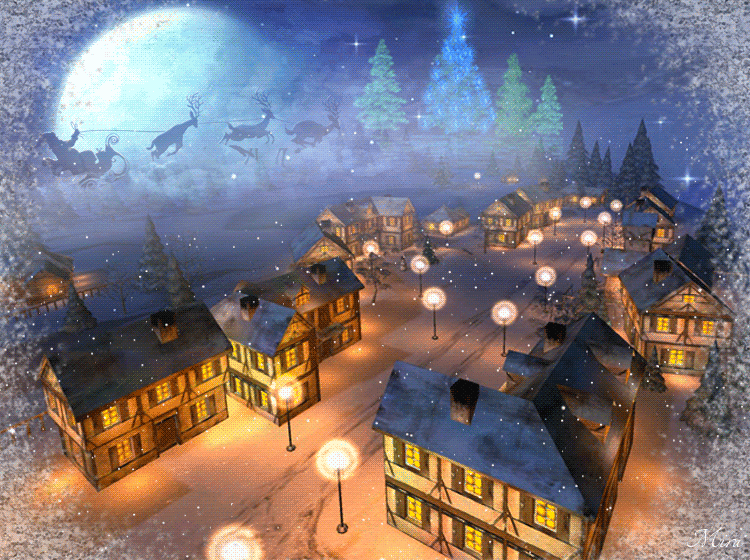 Анимация Город в сказочной новогодней ночи, гифка