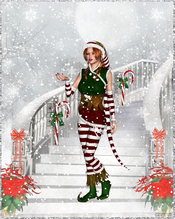 Анимация Шатенка в новогоднем костюме стоит на лестнице под падающим снегом, гифка