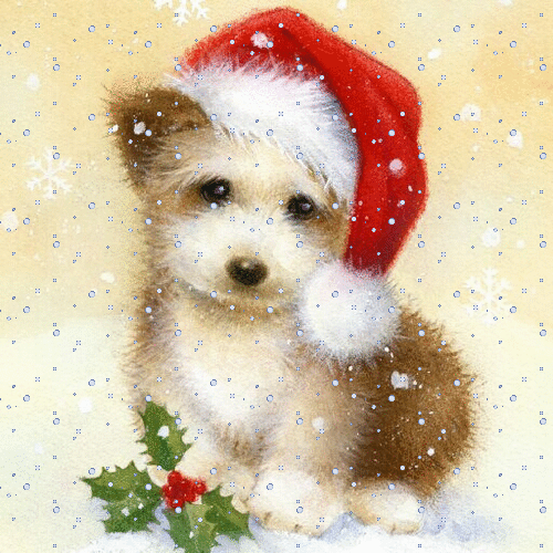 Анимация Милый щенок в новогоднем колпаке под падающим снегом, гифка Милый щенок в новогоднем колпаке под падающим снегом