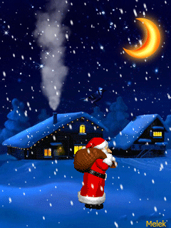 Анимация Дед Мороз с мешком подарков идет по снегу, автор melek, гифка