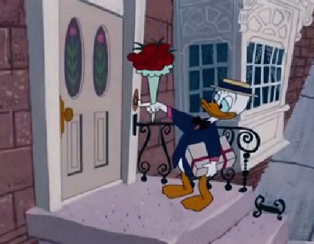 Анимация Donald Duck / Дональд Дак с букетом цветов и Daisy Duck / Дейзи Дак встречает его с водяным пистолетом, герои мультфильмов студии Walt Disney / Волта Диснея