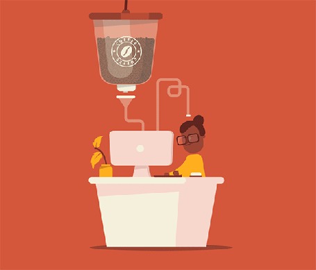 Анимация Девушка за работой периодически взбадривает себя кофе из большой кофемашины