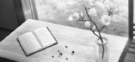 Анимация Книга на столе и падающие лепестки с цветков в вазе