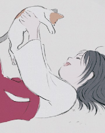 Анимация Девушка играет с котенком, аниме The Tale of Princess Kaguya / Сказание о принцессе Кагуя