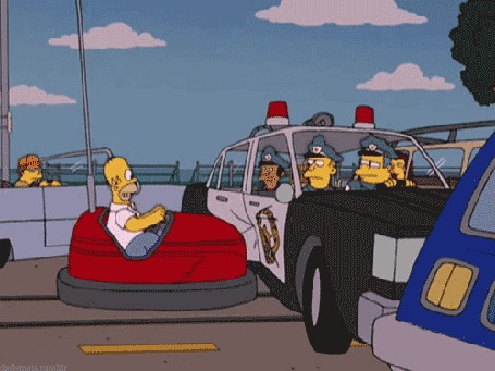 Анимация Гомер на автодроме врезается в полицейскую машину, мультфильм The Simpsons / Симпсоны