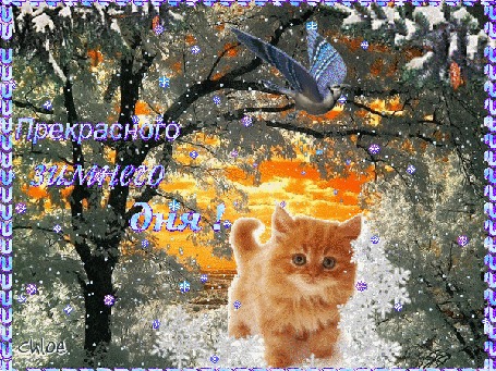 Анимация Рыжий котенок на фоне зимнего пейзажа,(Прекрасного зимнего дня!)