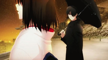 Анимация Парень стоит с зонтом и девушка рядом под падающим снегом, аниме Kara no Kyoukai