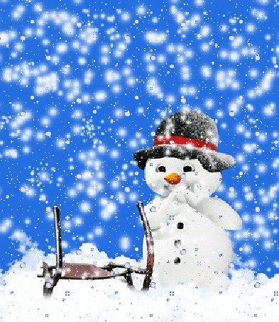 Анимация Снеговик стоит рядом с санками под падающим снегом