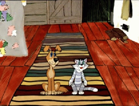 Анимация Кот Матроскин и пес Шарик разговаривают, мультик Простоквашино