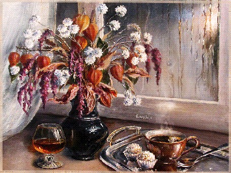 Анимация Горячий кофе, сладости, букет цветов в вазе и коньяк в бокале стоят на подоконнике окна