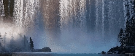 Анимация Водопад и озеро, окруженное деревьями