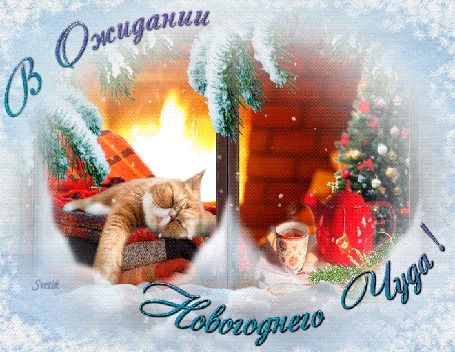 Анимация Рыжий кот лежит у горящего камина, (В ожидании новогоднего чуда)