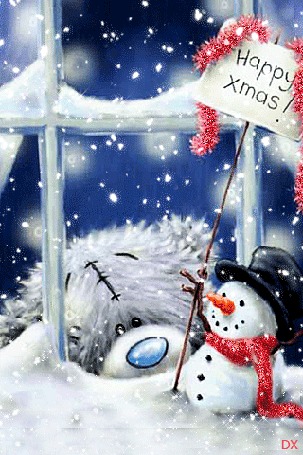 Анимация Грустный медвежонок тедди смотрит в окно на падающий снег, (happy x mas / счастливого Рождества)