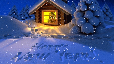 Анимация Перед избушкой на снегу написано, (Happy New Year! / С Новым Годом!)