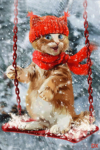 Анимация Котенок в красной шапке и шарфе, качается на качели под падающим снегом, гифка Котенок в красной шапке и шарфе, качается на качели под падающим снегом