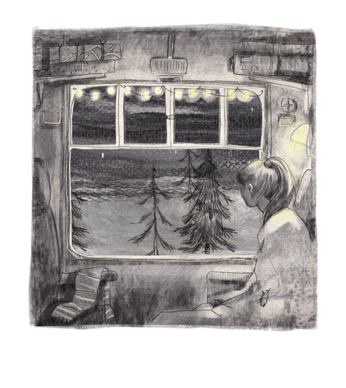 Анимация Девушка едет в поезде и смотрит в окно, гифка Девушка едет в поезде и смотрит в окно