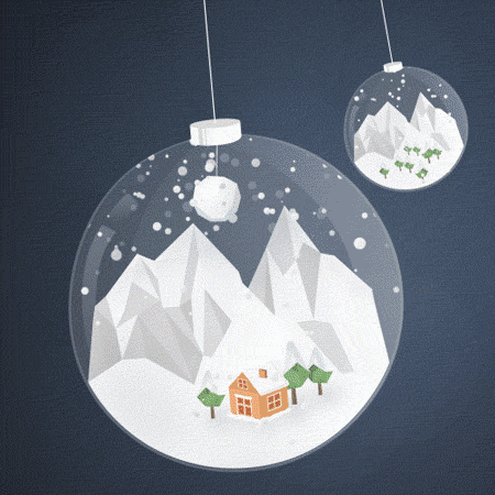 Анимация Два качающихся елочных шарика с горами, домиком и Дедом Морозом на оленьей упряжке, гифка Два качающихся елочных шарика с горами, домиком и Дедом Морозом на оленьей упряжке