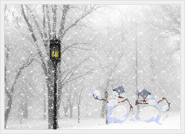 Анимация Два снеговика играют в снежки под падающим снегом, гифка