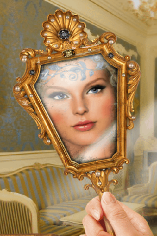 Анимация Девушка, любуюсь собой, держит рукой изящное зеркало в котором отражается ее лицо (c), гифка Девушка, любуюсь собой, держит рукой изящное зеркало в котором отражается ее лицо (c)