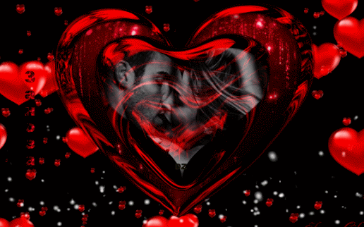Анимация Большое сердце крутится на фоне сердечек, внутри сердца целуются мужчина и женщина, автор Заноза, гифка