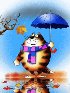 Анимация Кот в полосатом шарфе стоит в дождь под синим зонтом перебирает задними лапами и смотрит, как трепыхается последний желтый лист на дереве, в луже его отражение, гифка Кот в полосатом шарфе стоит в дождь под синим зонтом перебирает задними лапами и смотрит, как трепыхается последний желтый лист на дереве, в луже его отражение