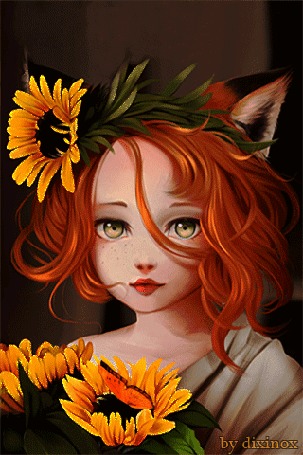 Анимация Девушка - лиса с подсолнухами и бабочкой на цветке, by dixinox