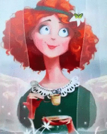 Анимация Девушка с рыжими волосами и крыльями ангела за спиной с чашечкой и блюдцем в руках, на волосах бабочка