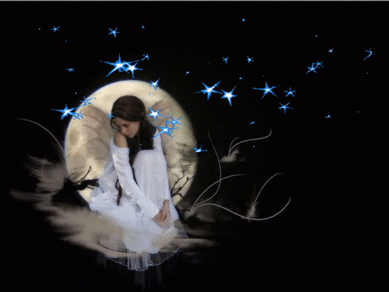 Анимация Девушка сидит на фоне луны в окружении мерцающих звезд, гифка Девушка сидит на фоне луны в окружении мерцающих звезд
