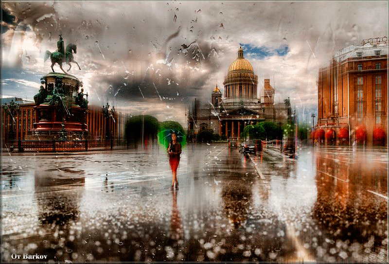 Анимация Девушка с зонтом идет по улице города под дождем, Barkov, гифка Девушка с зонтом идет по улице города под дождем, Barkov
