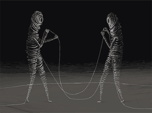 Анимация Два человечка из ниток распускают друг друга, гифка Два человечка из ниток распускают друг друга