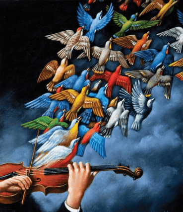 Анимация Звуки скрипки играющего человека превращаются в птиц, гифка Звуки скрипки играющего человека превращаются в птиц