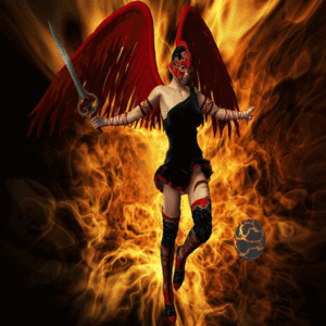 Анимация Ангел - воин в шлеме с мечом в руке смотрит на вращающийся шар, на огненном фоне, гифка Ангел - воин в шлеме с мечом в руке смотрит на вращающийся шар, на огненном фоне