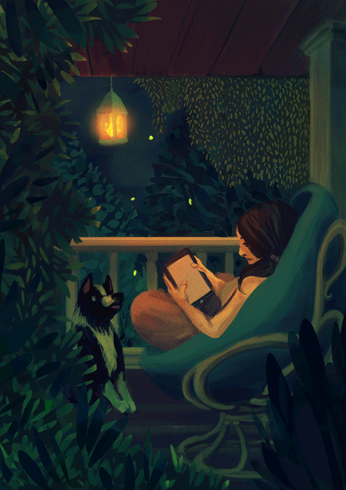 Анимация Девушка сидит в кресле с книгой перед собакой, гифка Девушка сидит в кресле с книгой перед собакой
