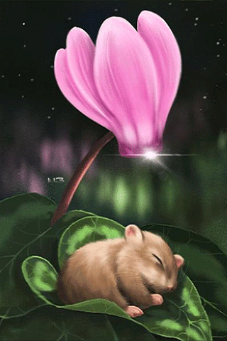 Анимация Мышка спит в зеленом листе под розовым цветком, by Veronica Minozzi, гифка Мышка спит в зеленом листе под розовым цветком, by Veronica Minozzi