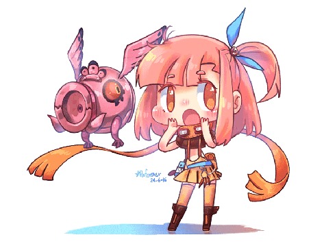 Анимация Розоволосая девушка чибик с летающим свино-роботом с крыльями, by Porforever