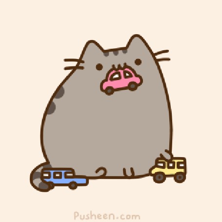 Анимация Кот Пушин / Pusheen играет с игрушечными машинками