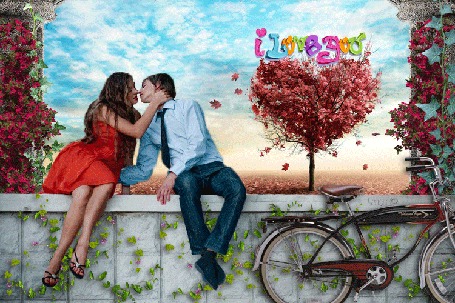 Анимация Влюбленная пара целуется на фоне голубого неба, (i love you / я люблю тебя), by Lush@