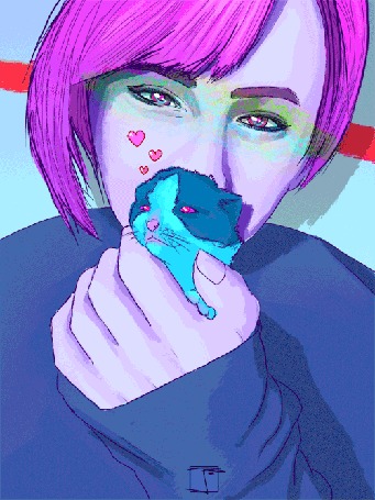 Анимация Девушка держит в руке маленького котенка, by PHAZED