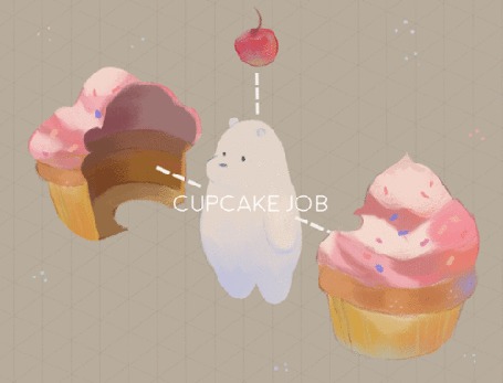 Анимация Белый мишка стоит между половинками кекса, а над ним вишенка (cupcake job)