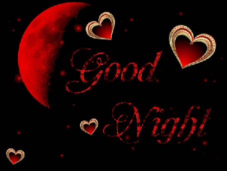 Анимация На черном фоне красная луна, сердечки и надпись Good Night / хорошей ночи