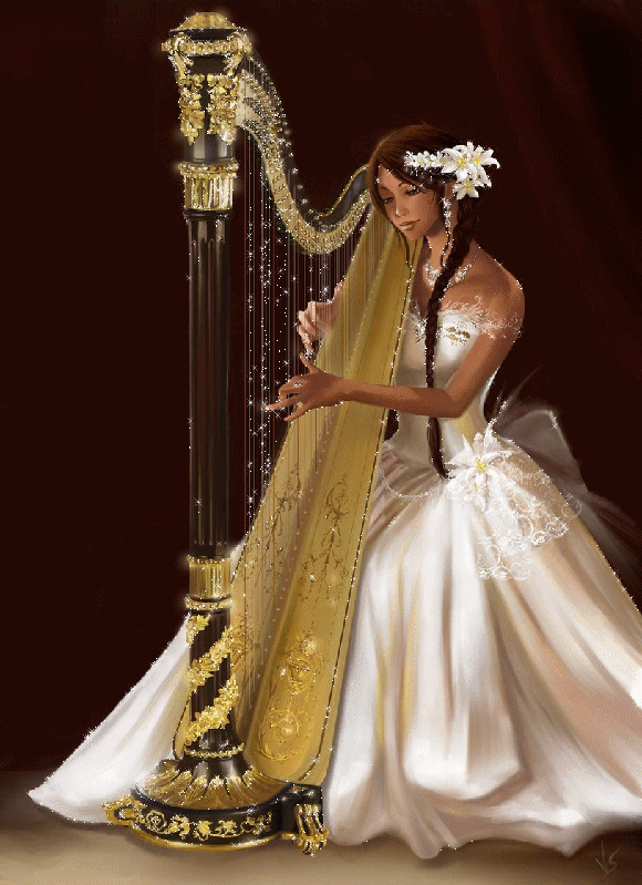 Анимация Смуглая девушка в длинном белом платье, с белыми лилиями в волосах, играет на арфе, гифка Смуглая девушка в длинном белом платье, с белыми лилиями в волосах, играет на арфе