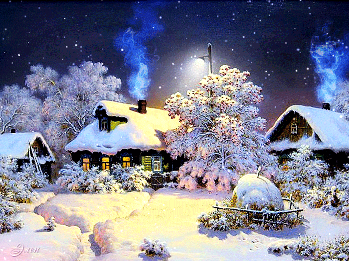 Анимация Ночью в деревне падает снег, а из дымохода домов струится в небо дым, гифка