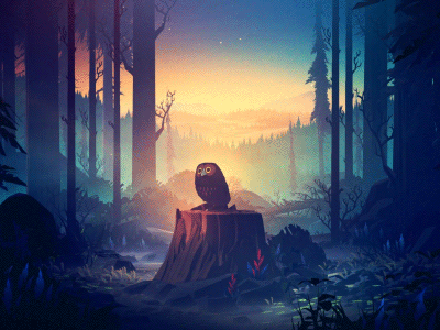 Анимация Сова на пеньке в лесу, by Mikael Gustafsson, гифка Сова на пеньке в лесу, by Mikael Gustafsson