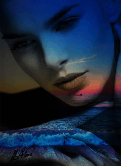 Анимация Лицо девушки на фоне заката над морем, гифка Лицо девушки на фоне заката над морем